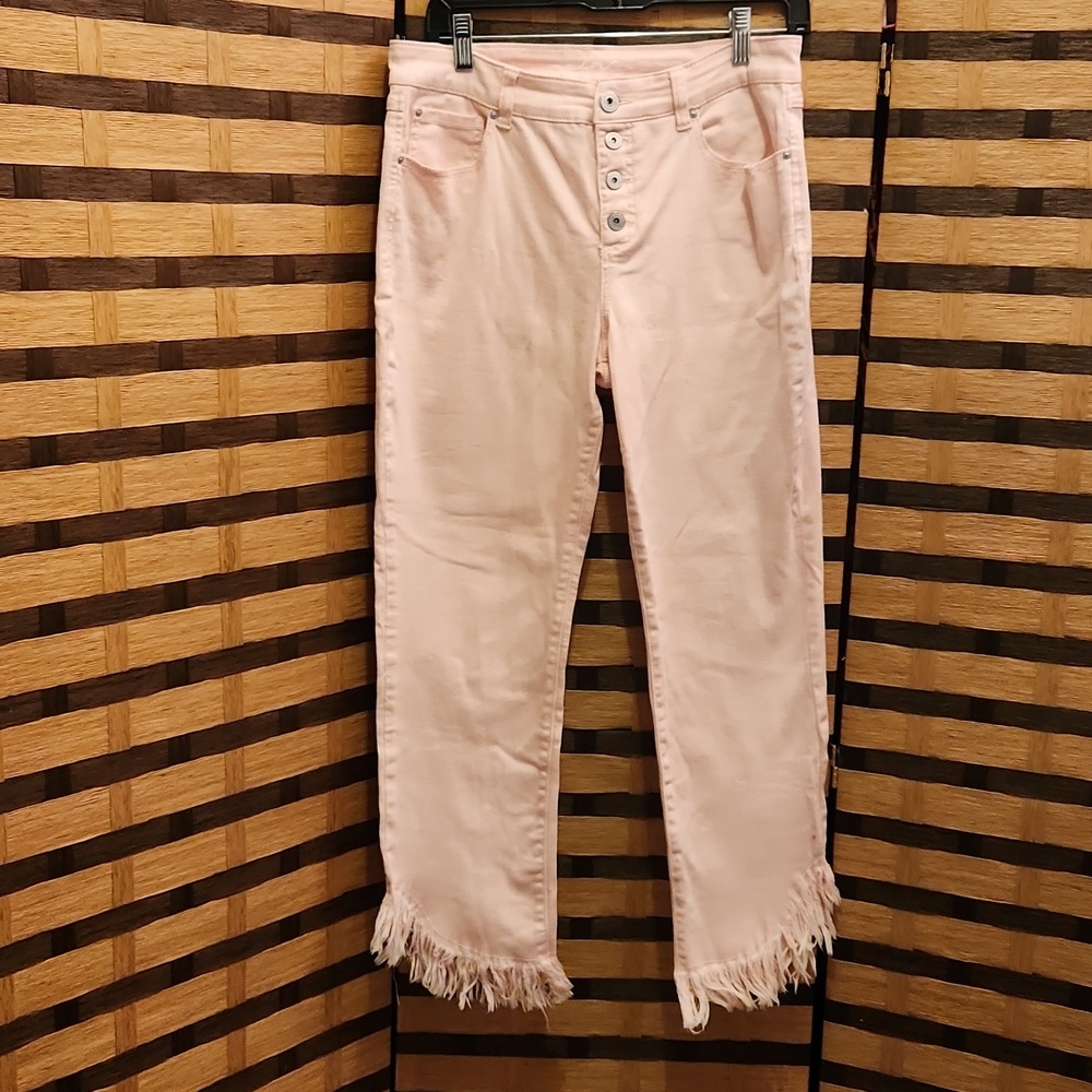 INC pink fringe bottom capri jeans Button Up Tulip